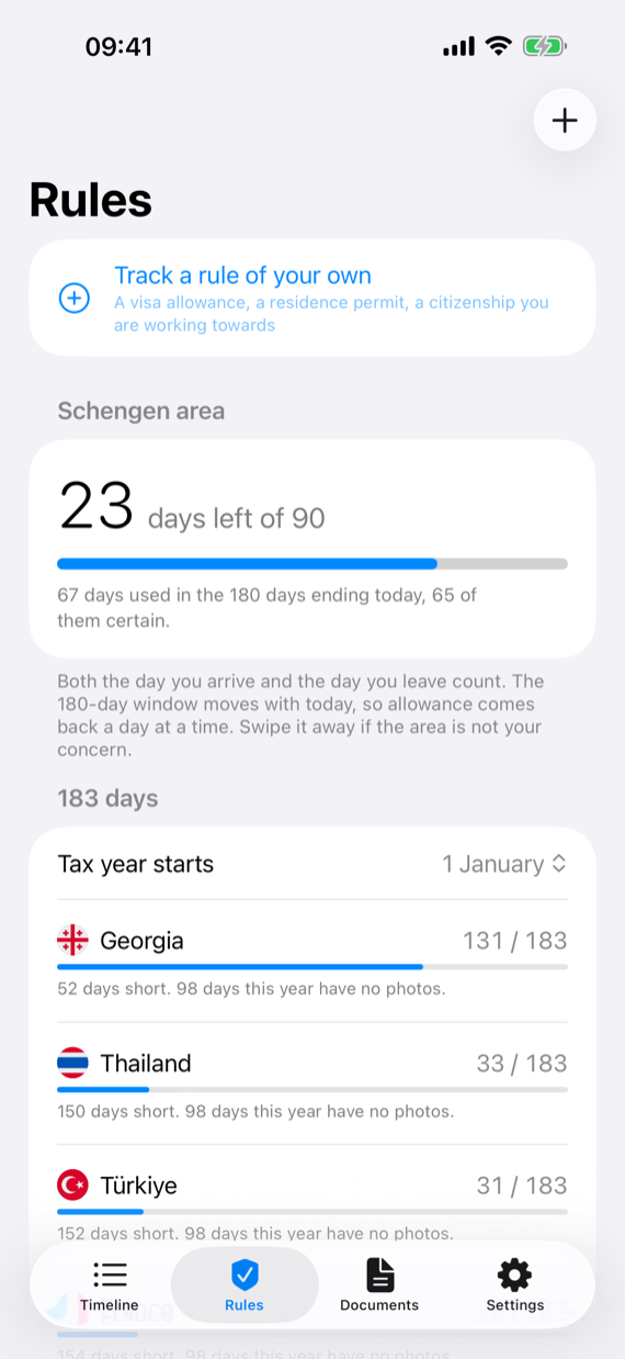 The Rules screen: 23 Schengen days left of 90, and the 183-day count for each country this tax year.