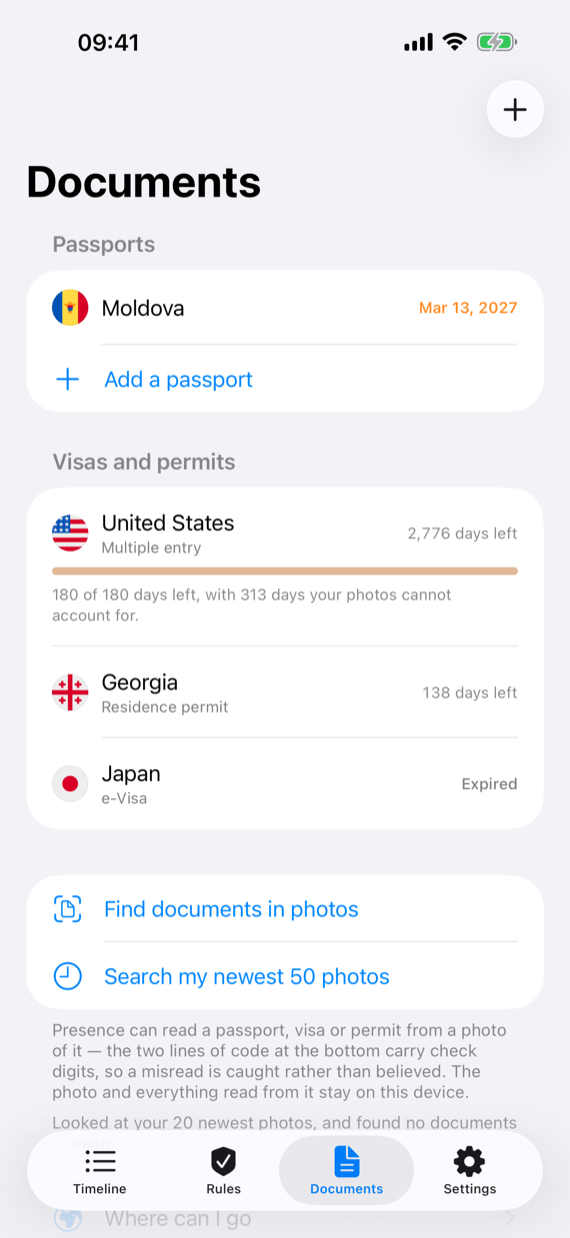 The Documents screen: a passport expiring in March 2027, a multiple-entry visa with 2,776 days left, a residence permit with 138 days left, and an expired e-Visa.